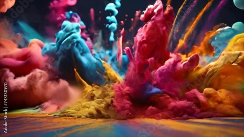 Video. Colored powder paint on a black background. AI generative.