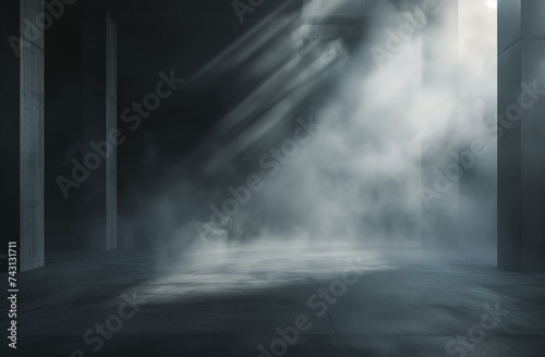 Mysterious Fog and Sunrays in a Dark Concrete Industrial Interior