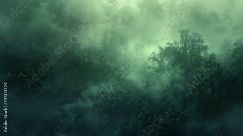 Mystical Foggy Forest Scene with Ethereal Green Light and Dense Trees