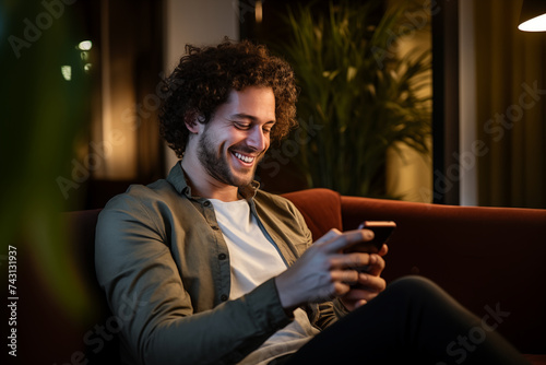 A smiling man with curly hair looking at his smartphone, comfortably seated on a couch in a cozy room. Relaxed, modern lifestyle, ideal for concepts related to technology, connectivity, and leisure.