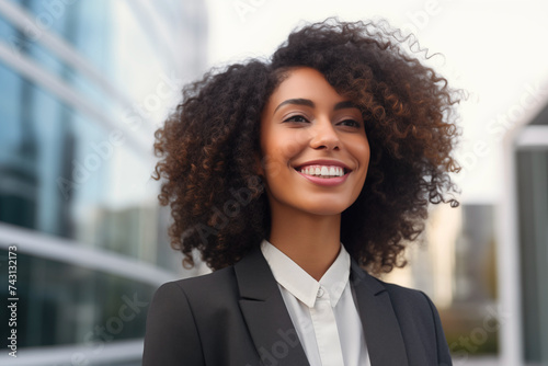 Smiling afro woman with curly hair and a business suit, standing outdoors with modern office buildings in the background. Positivity and professional confidence, career, and success-related themes.
