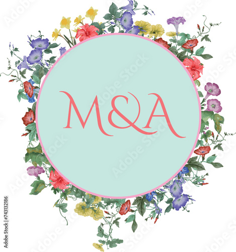 MA monogram crest morning glory floral wedding invitation crest