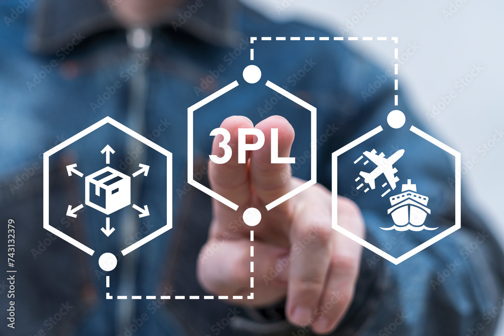 Man using virtual touch screen presses abbreviation: 3PL. Third Party Logistics ( 3PL ) Business concept. Integrated warehousing and transportation operation service.