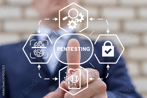Young man using virtual touch interface presses button with text: PENTESTING. Cyber security data protection business technology privacy concept.