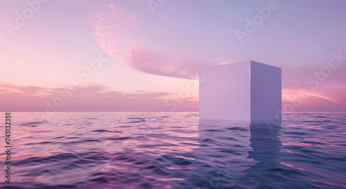Minimal white stone product podium floating on the surface of the sea, wavy water horizon. Gentle violet blue surreal contemporary aesthetic under the cloudy sky.