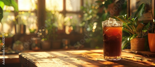 A glass filled with liquid, likely cold brew coffee, sits on a wooden table at a charming cafe. The light reflects off the glass, creating a simple yet elegant scene.