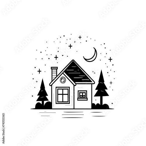 Garden house icon, single storey house, tree decorations, moon and stars, vector, illustrator