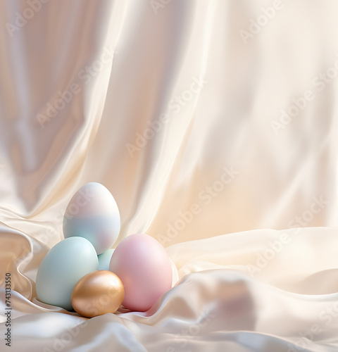 Pastel colorful Easter eggs on silk light background, minimalism concept.