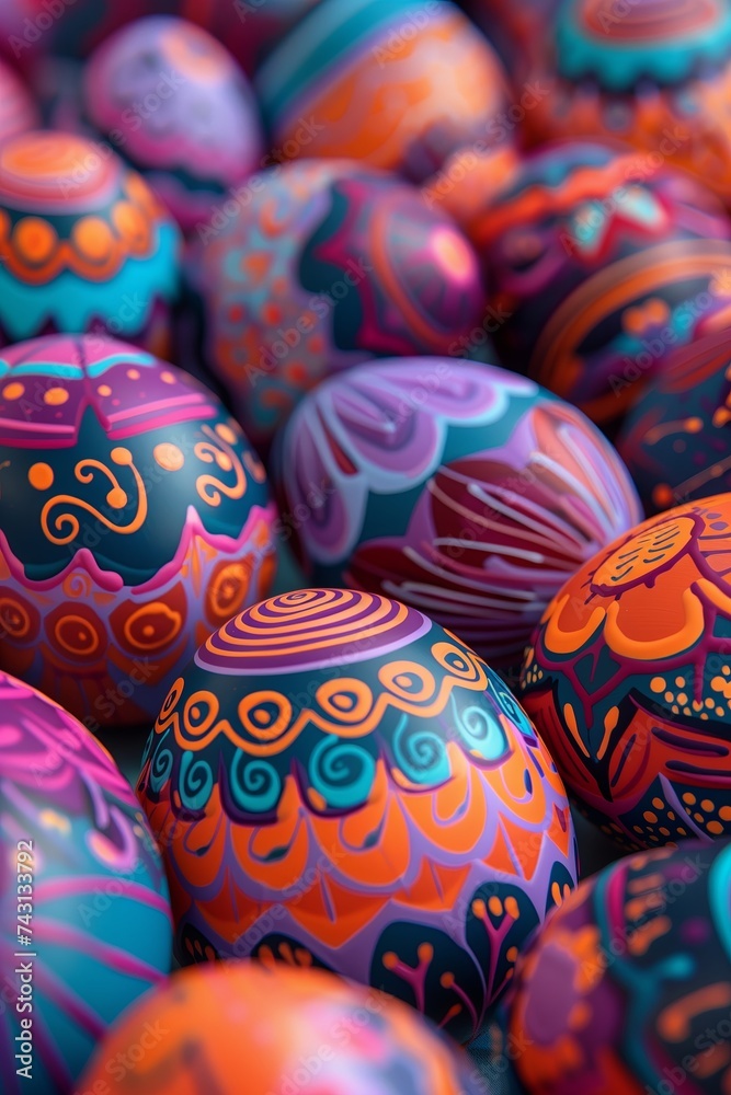 Many painted Easter eggs on a plain, smooth background. For design layout of invitation, cards, menu, flyer, poster, voucher.