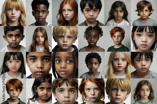 Collage of different cute children on white and gray background. Generative AI