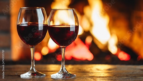 two glasses of red wine on the background of fireplace lights