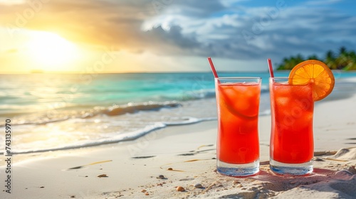 Man enjoying long island iced tea on paradise beach during warm sunny summer day