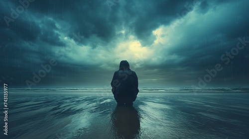 A solitary figure sits on a beach under stormy skies, reflecting a mood of contemplation