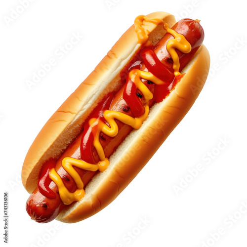 Hot dog isolated on a white or transparent background. A bun cut lengthwise with a milk sausage inside with ketchup and mustard. Design element on the theme of fast food. Top view. photo