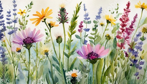 hand painted watercolor meadow herbs and flowers