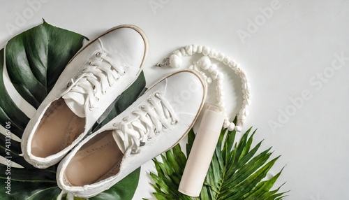 beauty blog concept flat lay feminini white keds on white background white sneakers photo