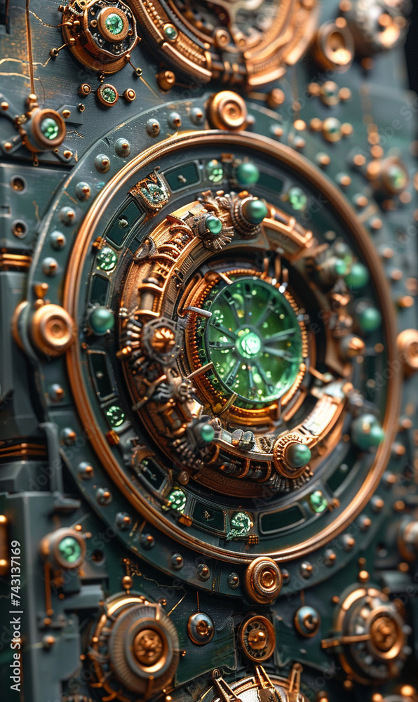 Intricate steampunk gears with green jewel accents