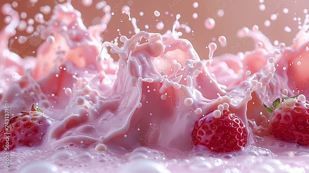 Splash of milk and strawberries in high detail Splash of milk and strawberries in high detail