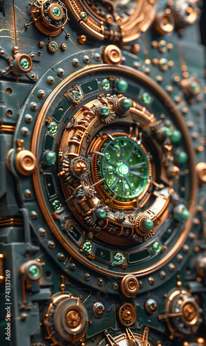 Intricate steampunk gears with green jewel accents