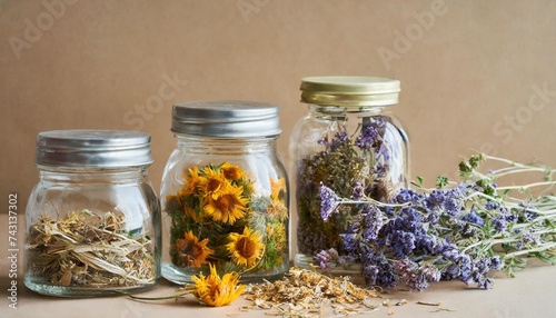 herbal apothecary aesthetic jars with dry herbs and flowers on a beige background with technology