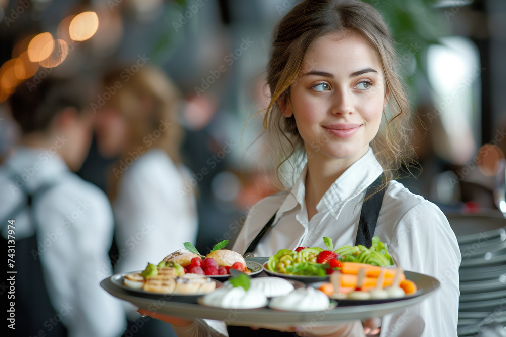 Waitress serving a tray of assorted dishes in a restaurant
