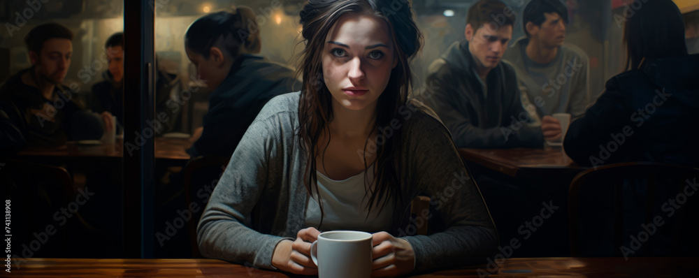 Tired and stressed woman sitting in a dimly lit coffeehouse, with the blur of customers in the background. Evokes urban fatigue and the quest for solace in public solitude. Tired and stressed woman sitting in a dimly lit coffeehouse, with the blur of customers in the background. Evokes urban fatigue and the quest for solace in public solitude.