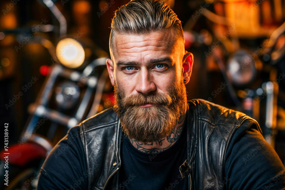Confident Bearded Biker in Leather Jacket with Intense Gaze at Motorcycle Garage