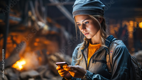 Focused Young Woman Using Smartphone in Industrial Area with Fiery Background