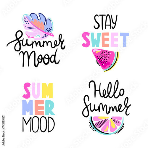 Abstract drawing for t-shirts with summer fruits and lettering. Creative design for girl. Fashion set illustration in tropical style print