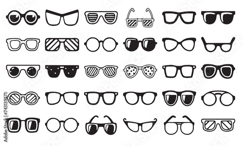Sunglasses icon set. Black silhouette of black cartoon sunglasses isolated on white background. Vector illustration. 
