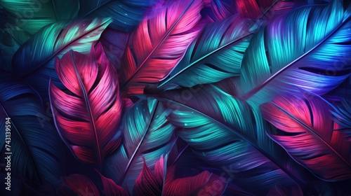 Large tropical leaves in neon colors. Creative fluorescent picture of exotic leaves.The concept of nature. © Cherkasova Alie