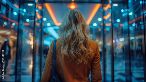 Back shot of businesswoman stepping into sleek elevator in contemporary office setting photo