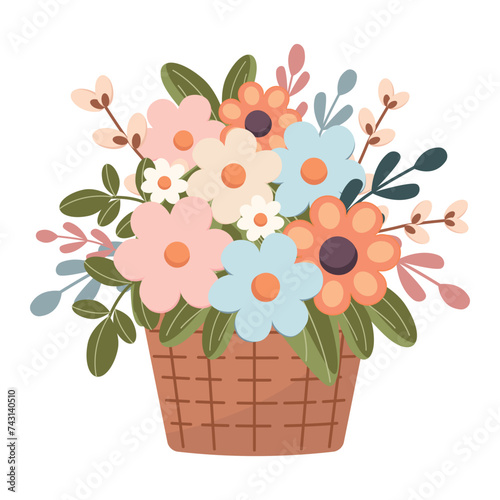 Spring flowers in a busket isolated on white background. Spring bouquet. Vector illustration. Flat cute style.