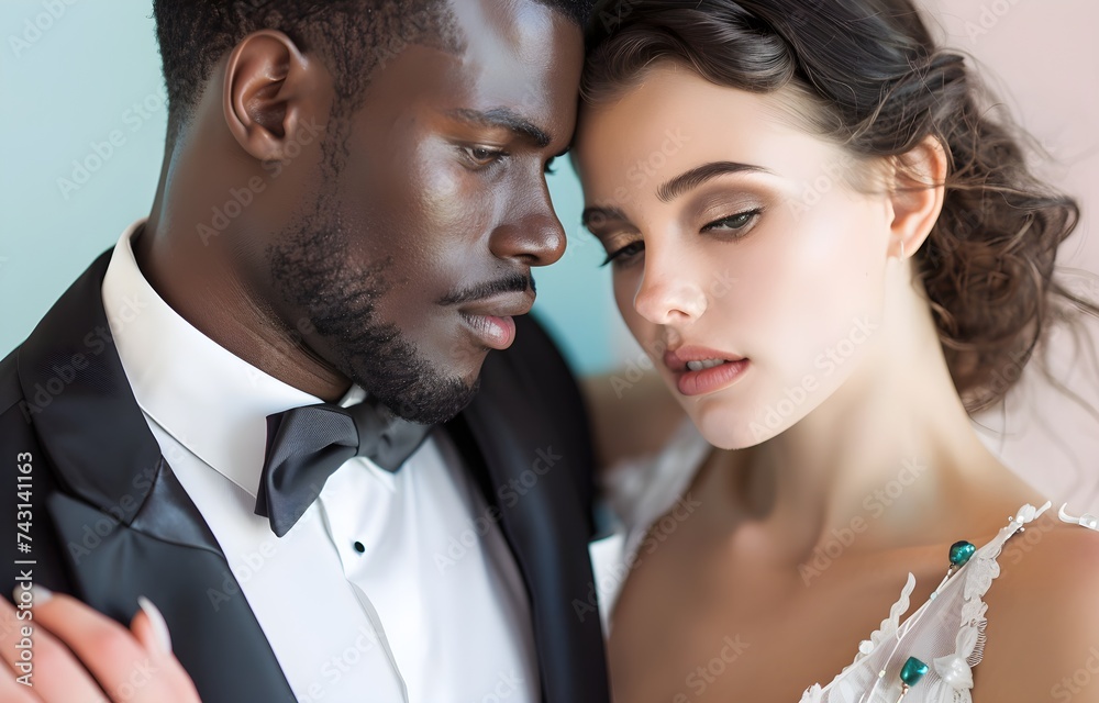 Portrait of happy multiethnic couple holding hands during wedding, marriage photography concept, flowers, bouquet, white colors banner wallpaper Portrait of happy multiethnic couple holding hands during wedding, marriage photography concept, flowers, bouquet, white colors banner wallpaper