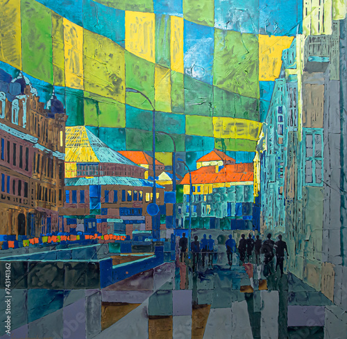 Geometric painting yellow, red, blue, grey, green, violet colors. Kyiv, Ukraine. Abstract View on the city. Ukrainian architecture, acrylic on canvas painting created by artist. 