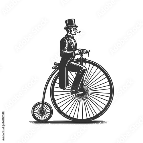 old fashioned gentleman ride high wheel vintage penny farthing bicycle sketch engraving generative ai fictional character vector illustration. Scratch board imitation. Black and white image.