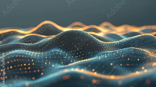 Gold blue neon waves, bokeh lights, data transfer concept, futuristic wallpaper design