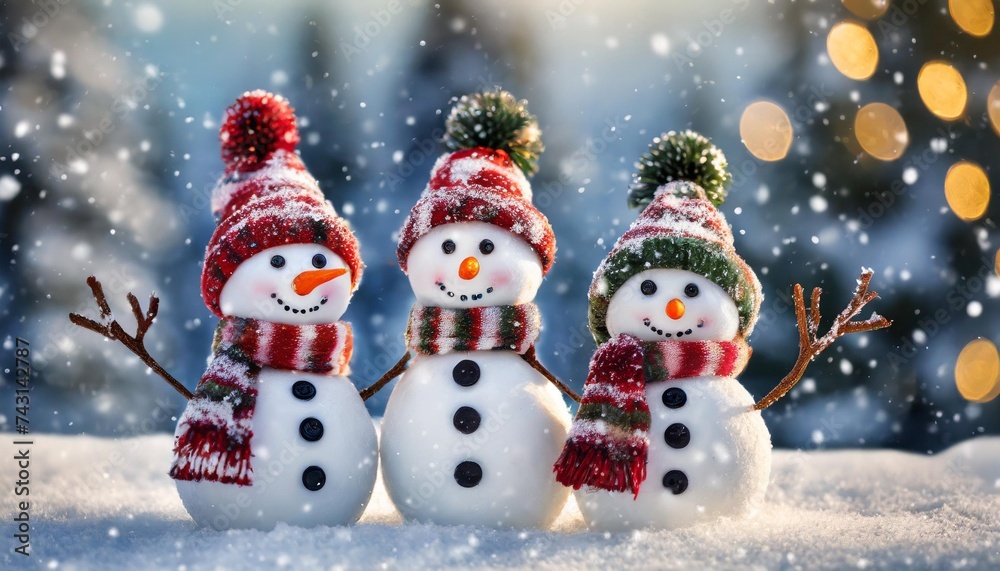 three cute snowmen in a christmas landscape winter background