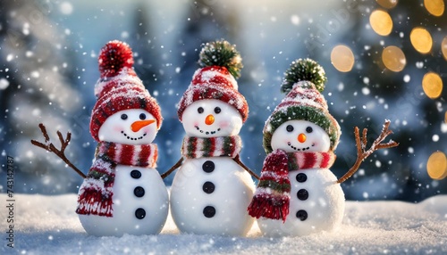 three cute snowmen in a christmas landscape winter background © Kendrick