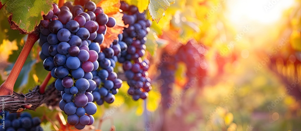 A cluster of ripe purple grapes hang from a vine in a vineyard during harvest time. The grapes are plump and juicy, ready to be picked. - obrazy, fototapety, plakaty 