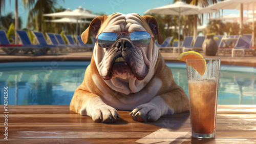 Summer vacation theme. Dog sitting on the beach with a cocktail. Vacation concept.