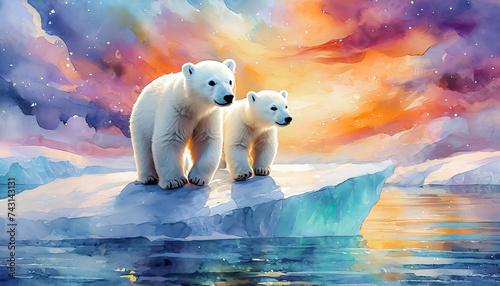 Deux bébés ours polaire blanc sur un iceberg en arctique en aquarelle photo