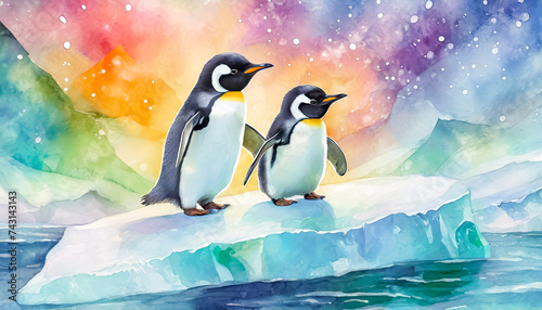 Deux b  b  s pingoins sur un iceberg en arctique en aquarelle