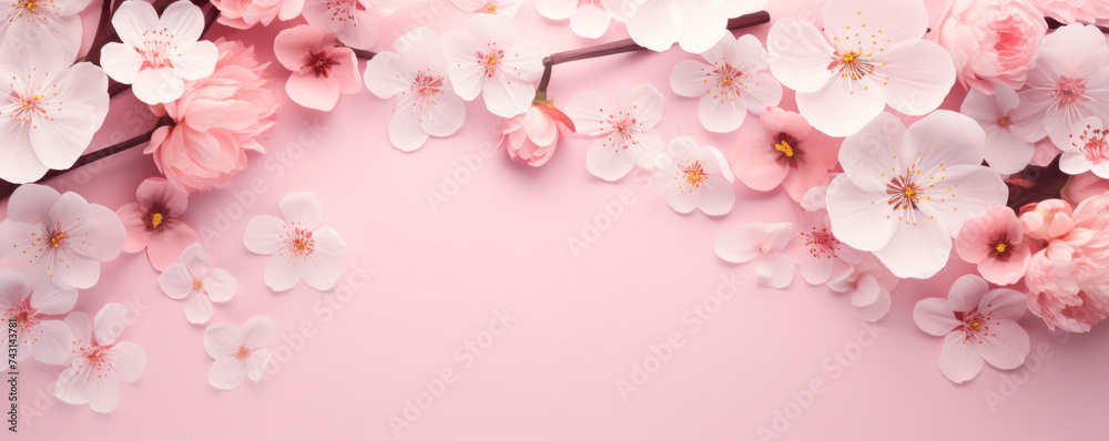 Soft cherry blossoms in pink and white hues gracefully adorn a pink background, ideal for ultra-wide banners. This setting offers ample space for text, evoking spring's gentle renewal.