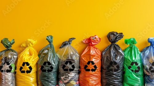 Eco friendly biodegradable plastic bags with universal recycling symbol collection photo