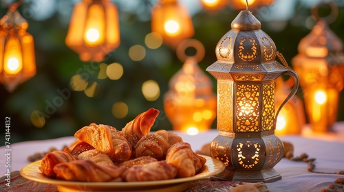Traditional Ramadan Kareem background with arabic lantern and croissants photo