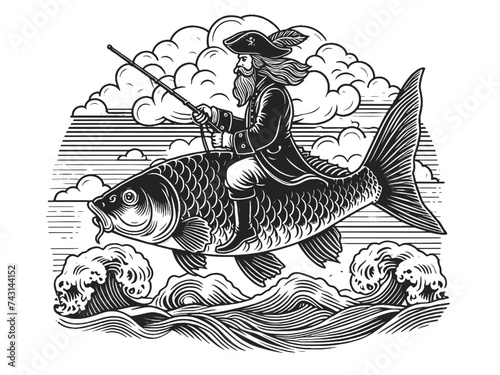 Pirate captain riding fish sketch engraving generative ai fictional character vector illustration. T-shirt apparel print design. Scratch board imitation. Black and white image.