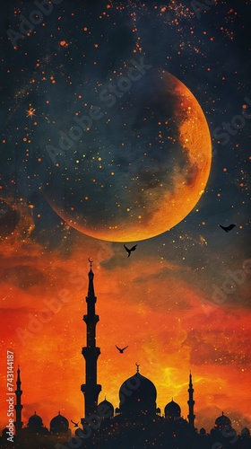 Ramadan Kareem background with mosque and full moon, Ramadan Kareem and Eid Mubarak wallpaper