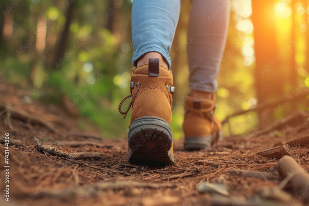 Close up of hiker feet walking outdoors in the forest. Generative AI