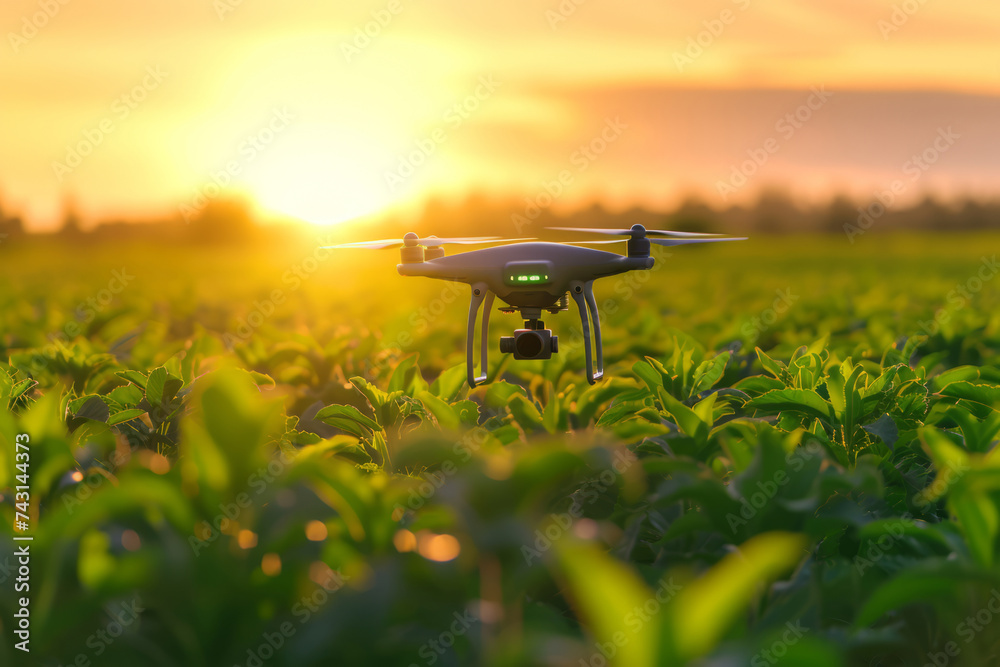 Agriculture drone flying on the field. Concept drone survey in agriculture. Generative AI